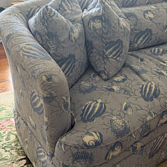 Pair of Blue and White Sea Shell Upholstered Sofas