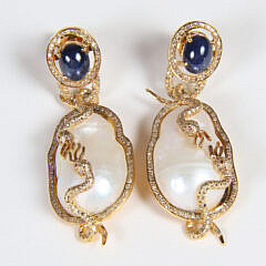 Pair Baroque Pearl, Natural Zircon, Cabochon Stone Dangle Serpent Earrings