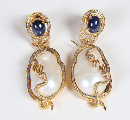 Pair Baroque Pearl, Natural Zircon, Cabochon Stone Dangle Serpent Earrings
