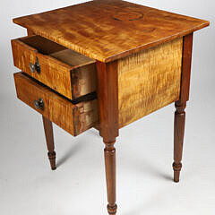 American Sheraton Tiger Maple Two Drawer Work Stand, circa 1820-1840
