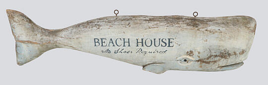 Vintage Carved Half Whale Painted Hanging Sign "Beach House, No Shoes Required"