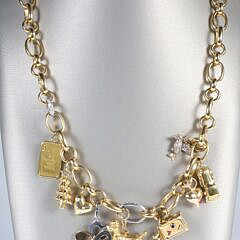18k Yellow Gold Old World Chain Necklace with 10 Charms, 228g