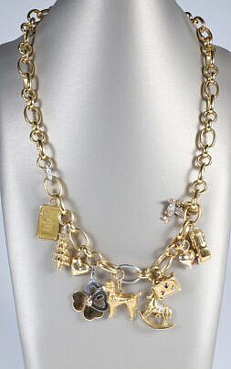 18k Yellow Gold Old World Chain Necklace with 10 Charms, 228g