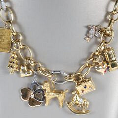 18k Yellow Gold Old World Chain Necklace with 10 Charms, 228g