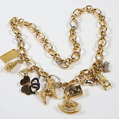 18k Yellow Gold Old World Chain Necklace with 10 Charms, 228g