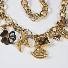 18k Yellow Gold Old World Chain Necklace with 10 Charms, 228g