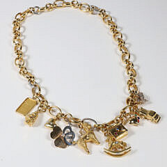 18k Yellow Gold Old World Chain Necklace with 10 Charms, 228g