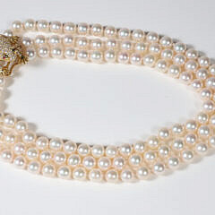 Finely Matched 9.5mm White Cultured Pearl Triple Strand Necklace, 18k Yellow Gold Diamond Frog Clasp