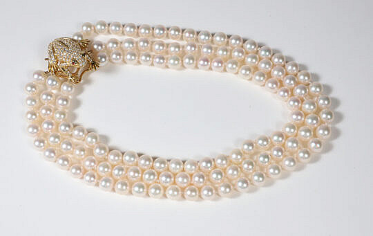 Finely Matched 9.5mm White Cultured Pearl Triple Strand Necklace, 18k Yellow Gold Diamond Frog Clasp