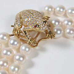Finely Matched 9.5mm White Cultured Pearl Triple Strand Necklace, 18k Yellow Gold Diamond Frog Clasp