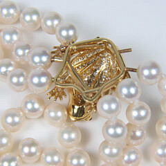 Finely Matched 9.5mm White Cultured Pearl Triple Strand Necklace, 18k Yellow Gold Diamond Frog Clasp