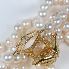 Finely Matched 9.5mm White Cultured Pearl Triple Strand Necklace, 18k Yellow Gold Diamond Frog Clasp
