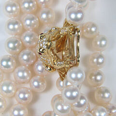 Finely Matched 9.5mm White Cultured Pearl Triple Strand Necklace, 18k Yellow Gold Diamond Frog Clasp