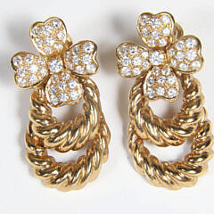 Pair 14k Yellow Gold and Diamond 4-Leaf Clover Design Earrings
