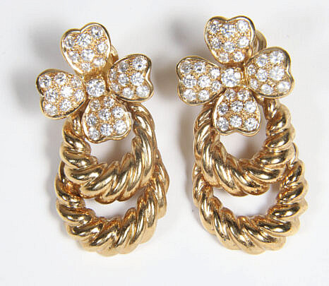 Pair 14k Yellow Gold and Diamond 4-Leaf Clover Design Earrings