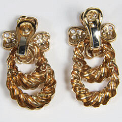 Pair 14k Yellow Gold and Diamond 4-Leaf Clover Design Earrings