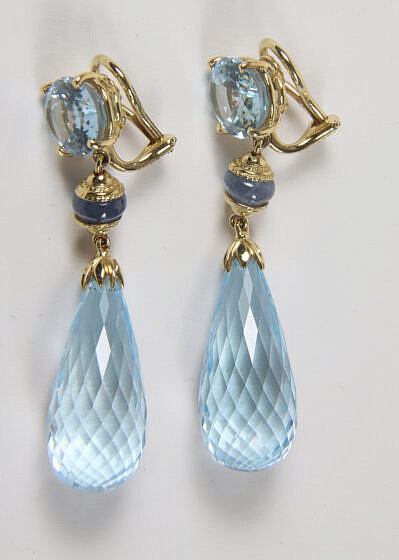 Pair of Seaman Schepps 18k Yellow Gold Blue Topaz and Aquamarine Teardrop Earrings