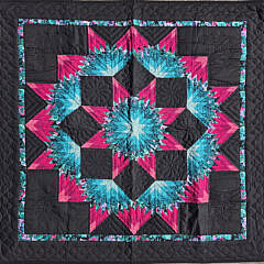 Amish Broken Star Patchwork Quilt in Vivid Teal and Hot Pink on Black Background