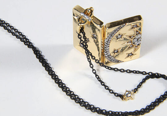 18K Gold and Diamond Locket set with 73 Diamonds on a Black Chain with Gold Star and Diamond Spacers